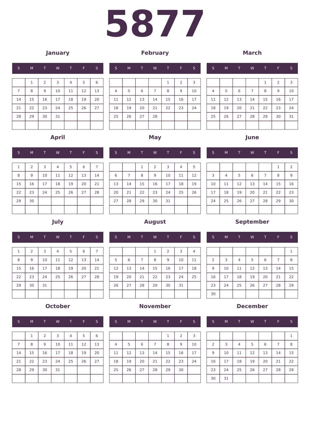 Printable 5877 Year Calendars aubergine