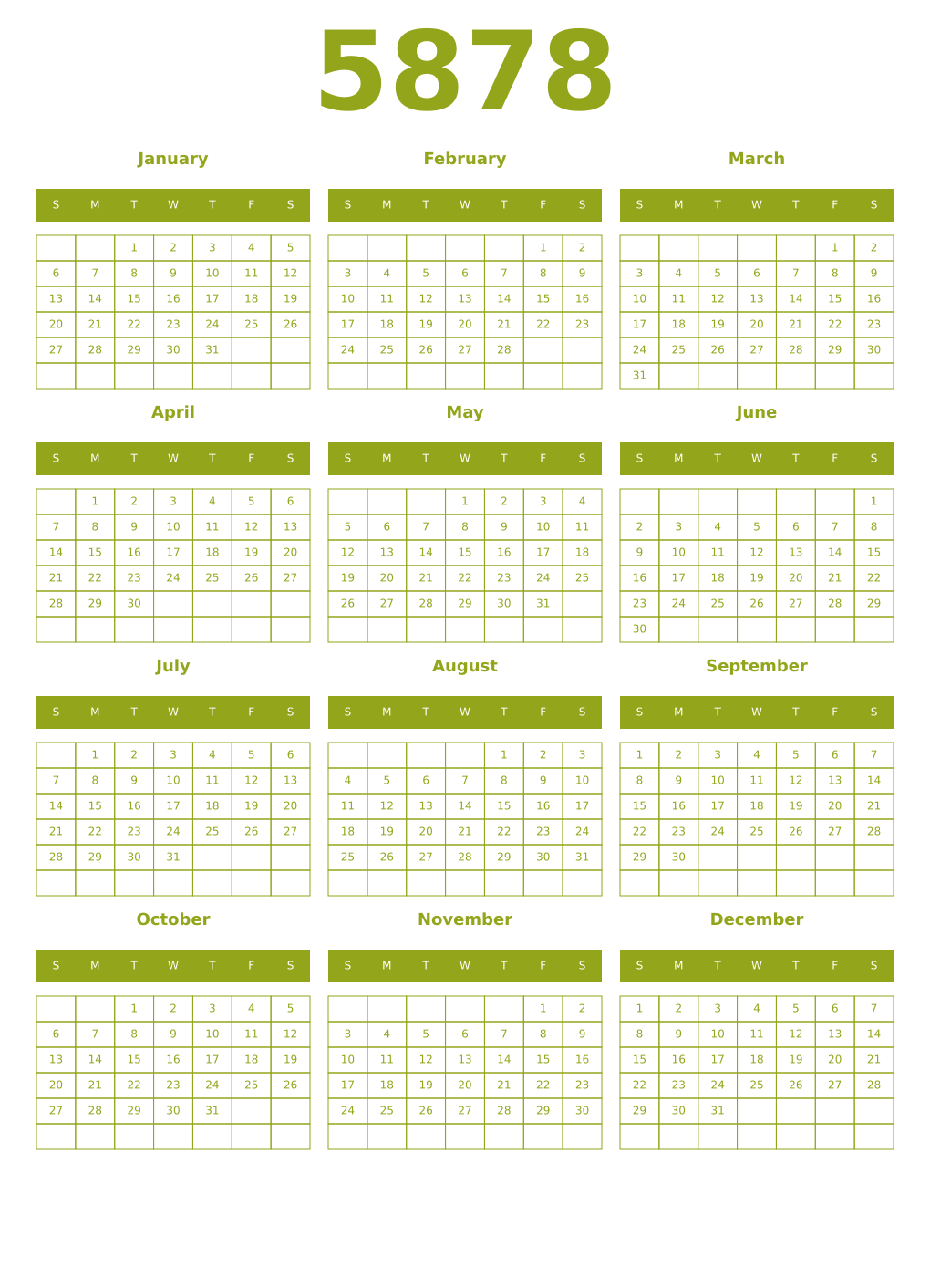 Printable 5878 Year Calendars chartreuse