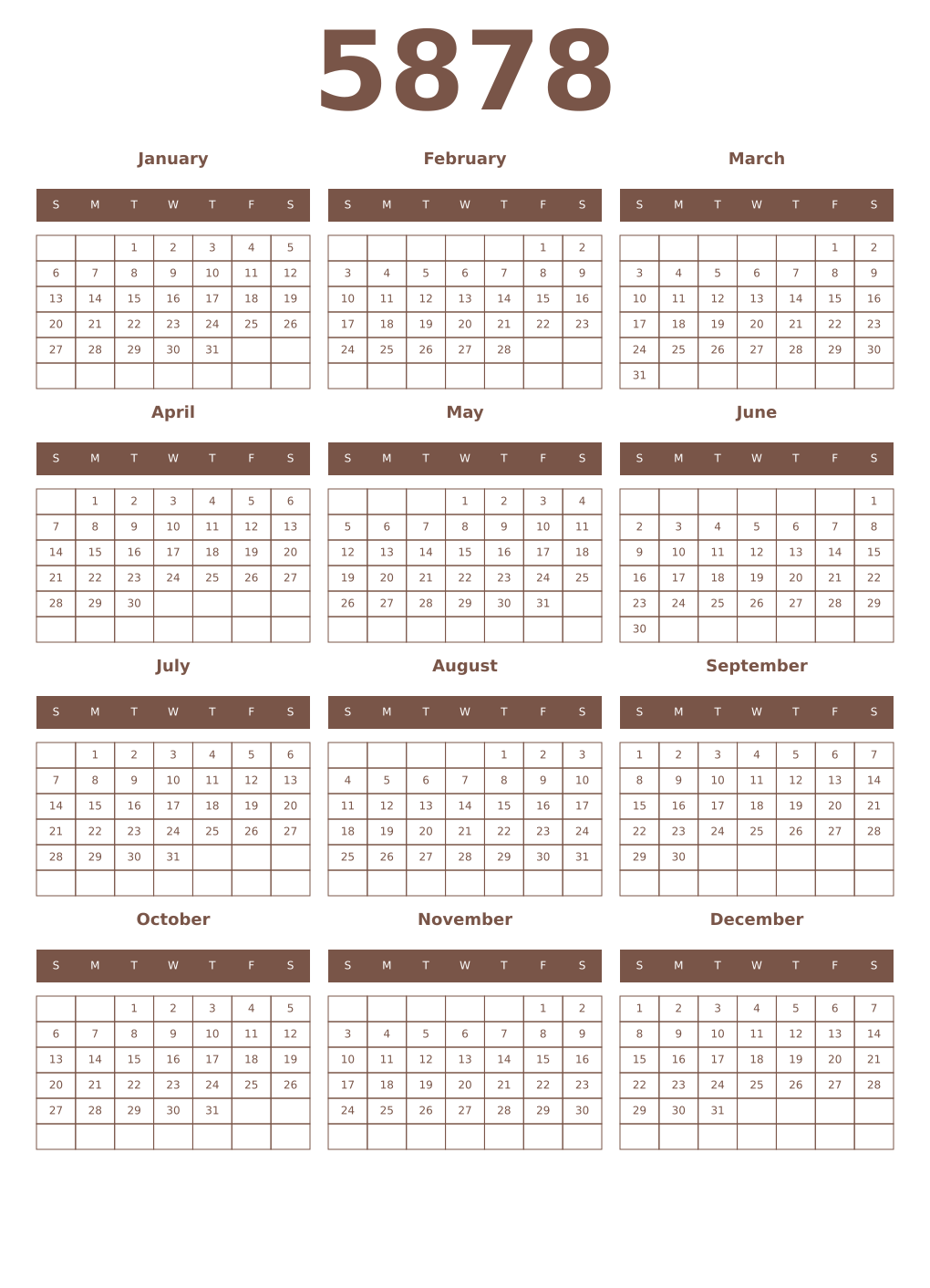 Printable 5878 Year Calendars coffe