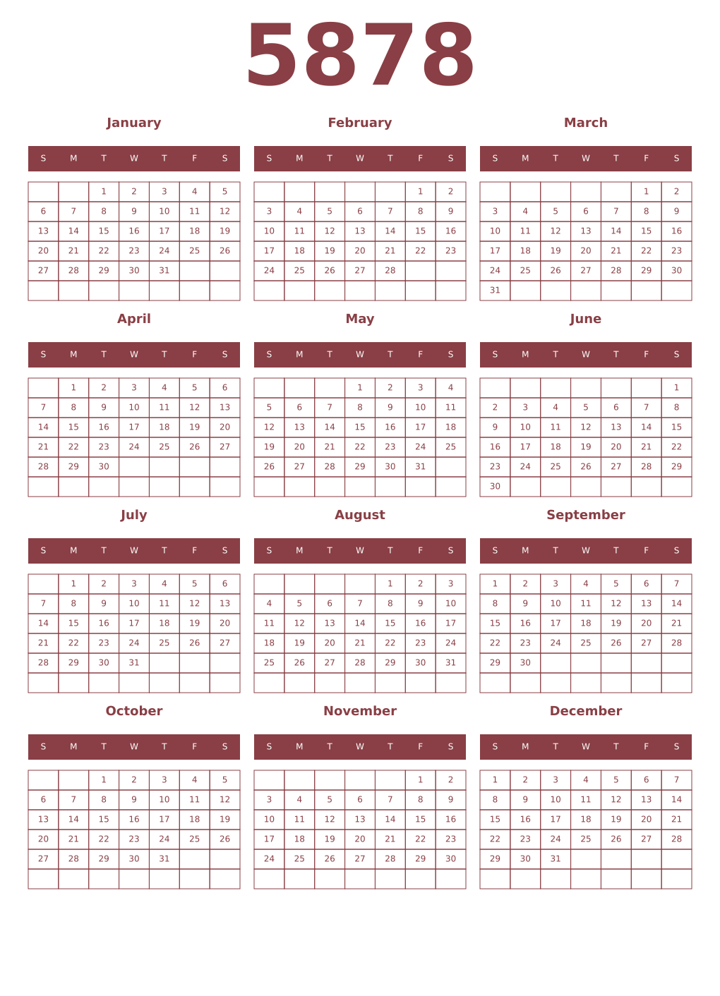 Printable 5878 Year Calendars cordovan