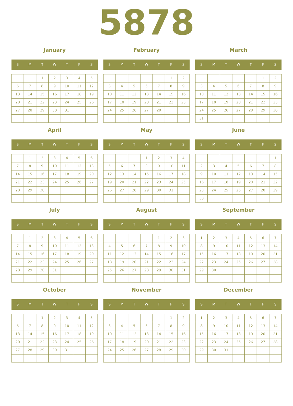 Printable 5878 Year Calendars eburnean