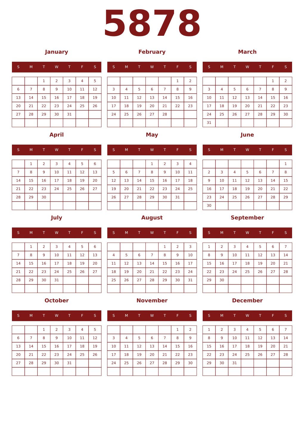 Printable 5878 Year Calendars falu