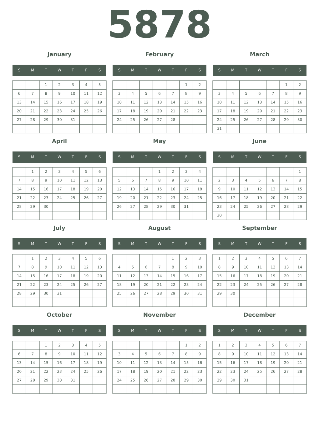 Printable 5878 Year Calendars feldgrau