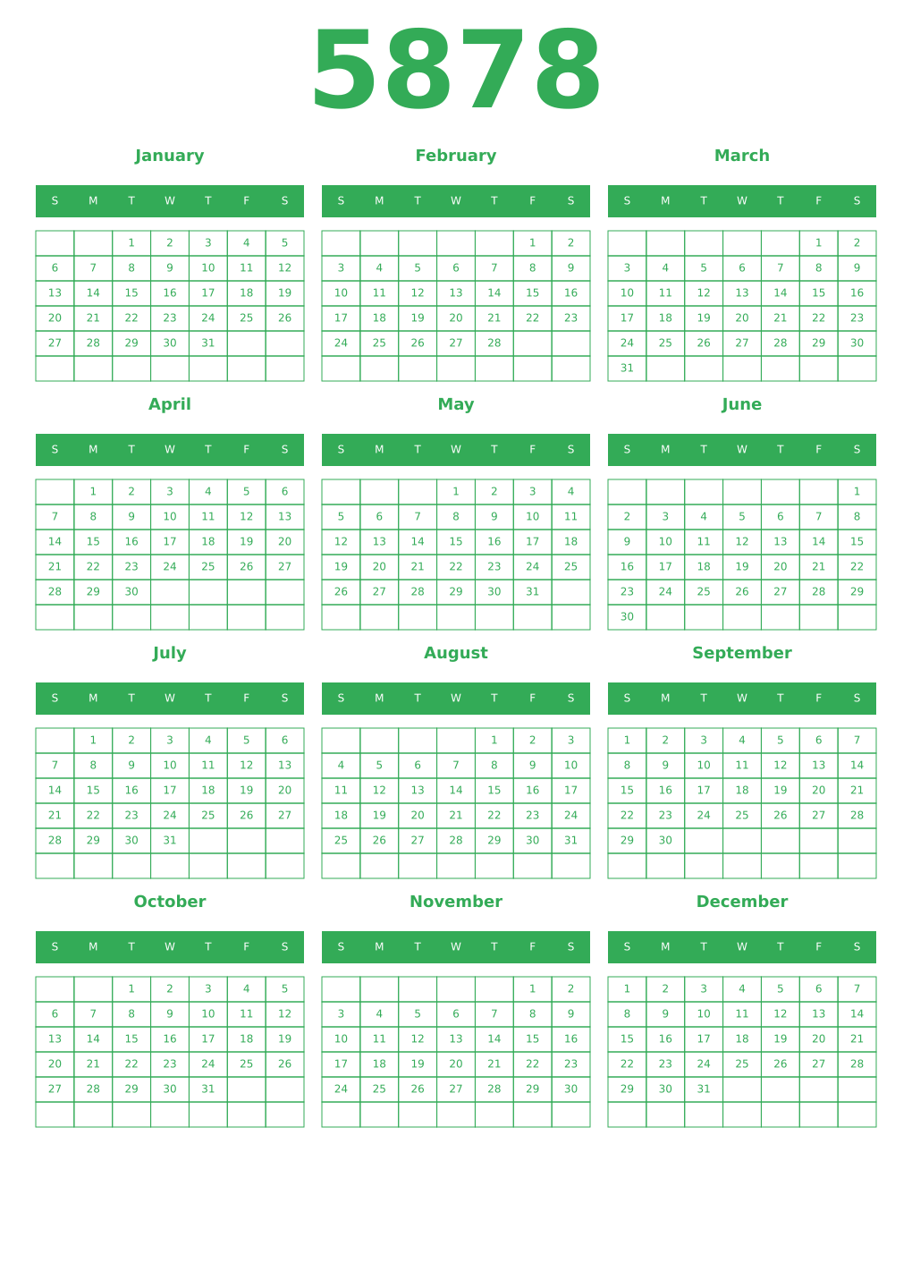 Printable 5878 Year Calendars green