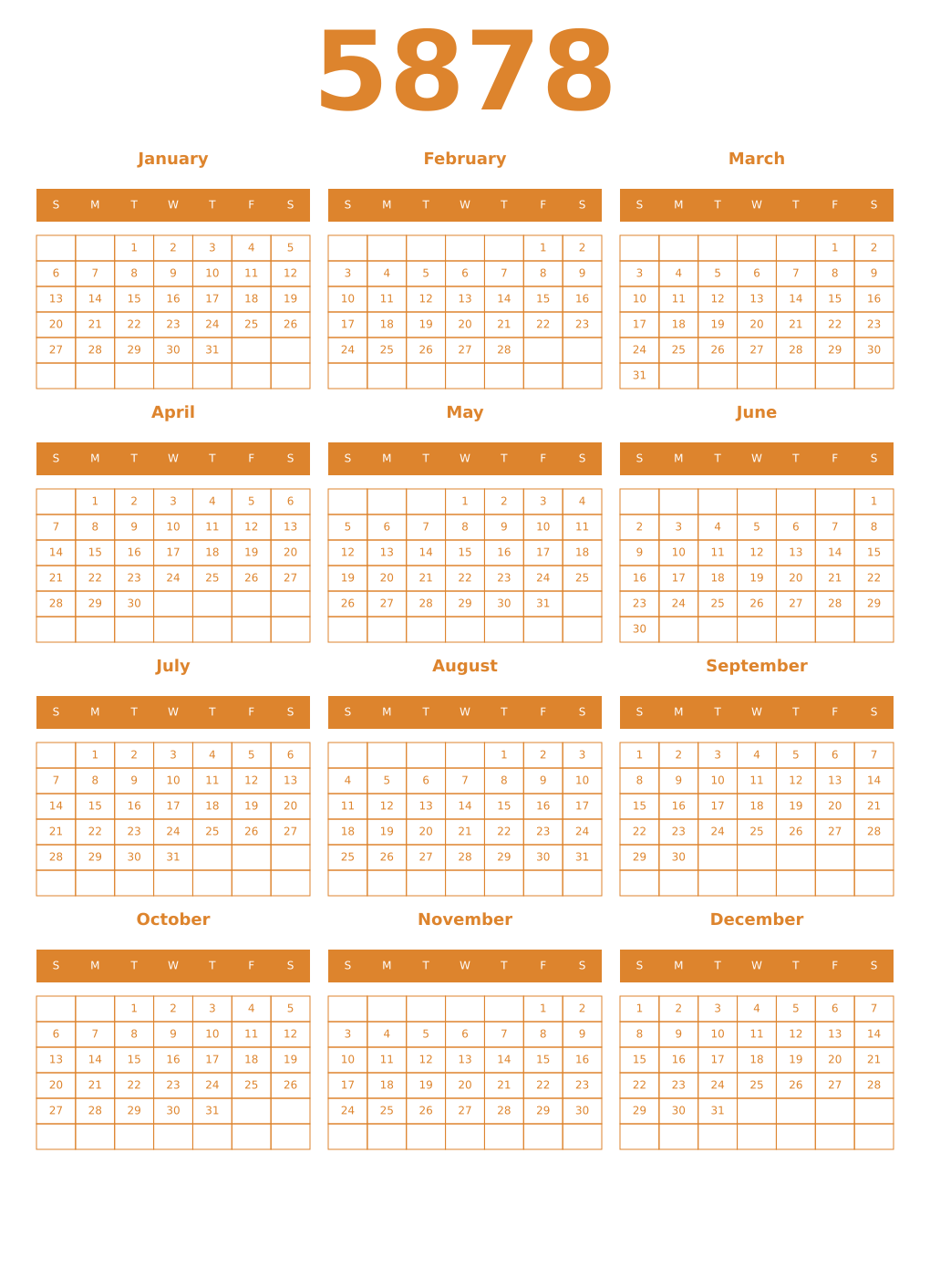 Printable 5878 Year Calendars orange
