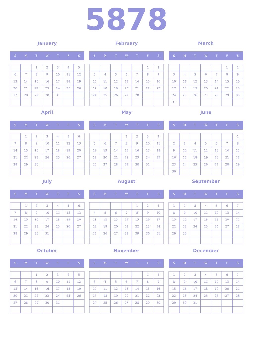 Printable 5878 Year Calendars periwinkle