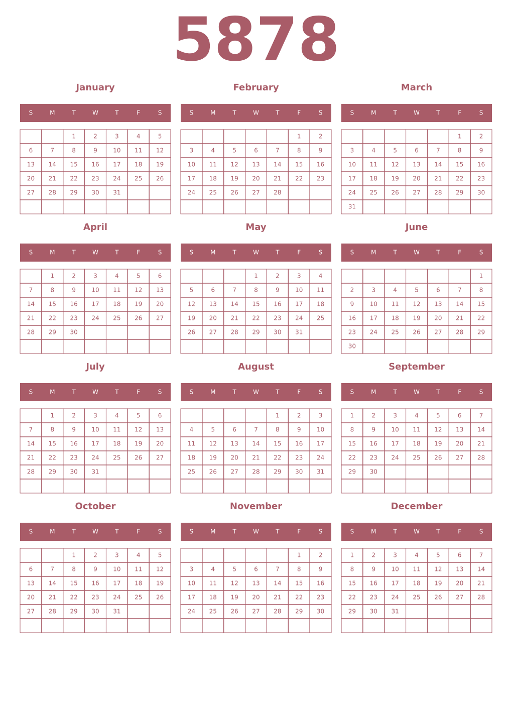 Printable 5878 Year Calendars puce