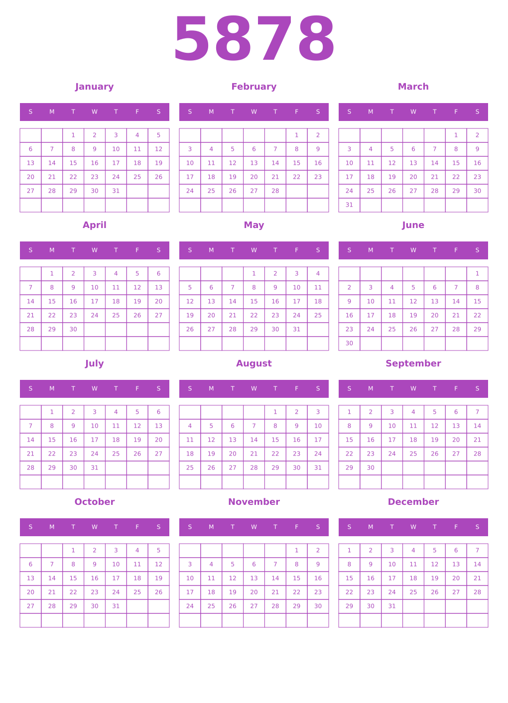 Printable 5878 Year Calendars purple