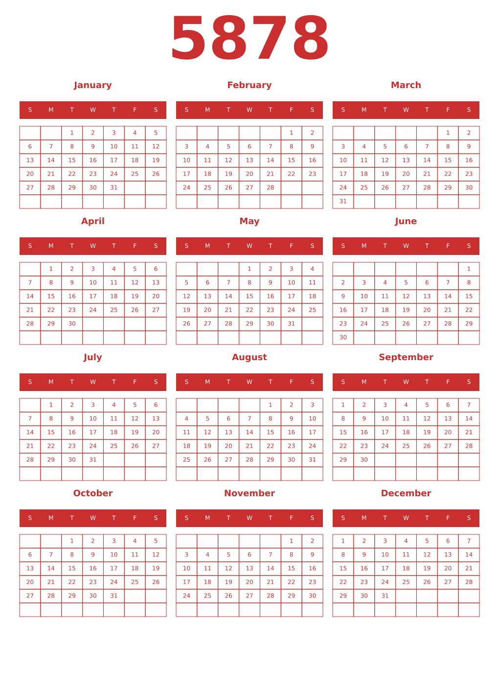 Printable 5878 Year Calendars red