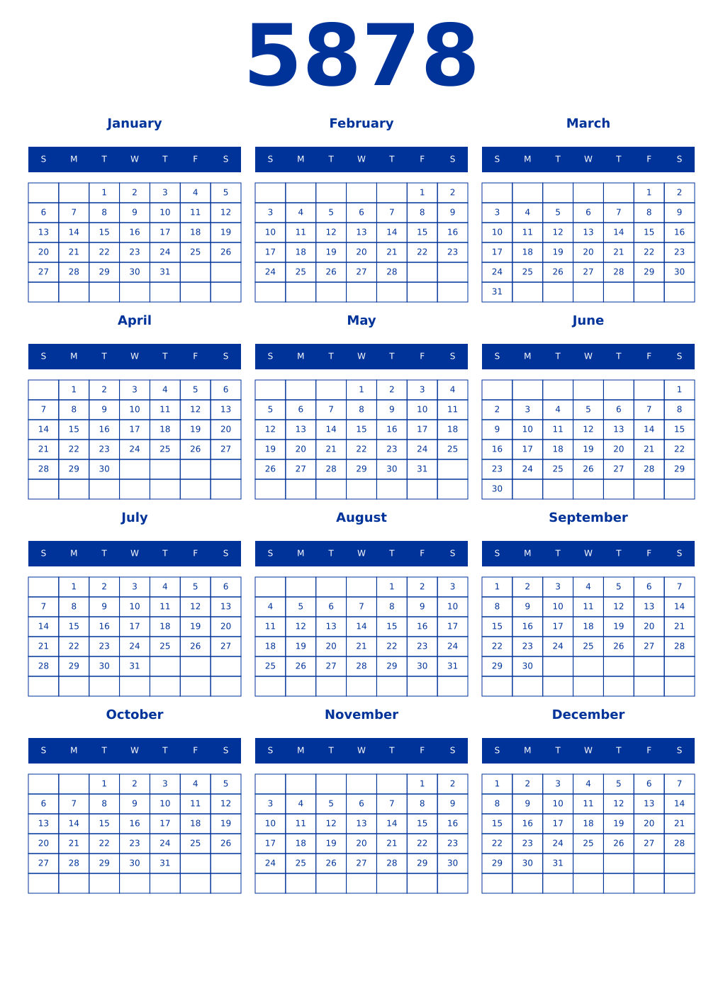 Printable 5878 Year Calendars smalt