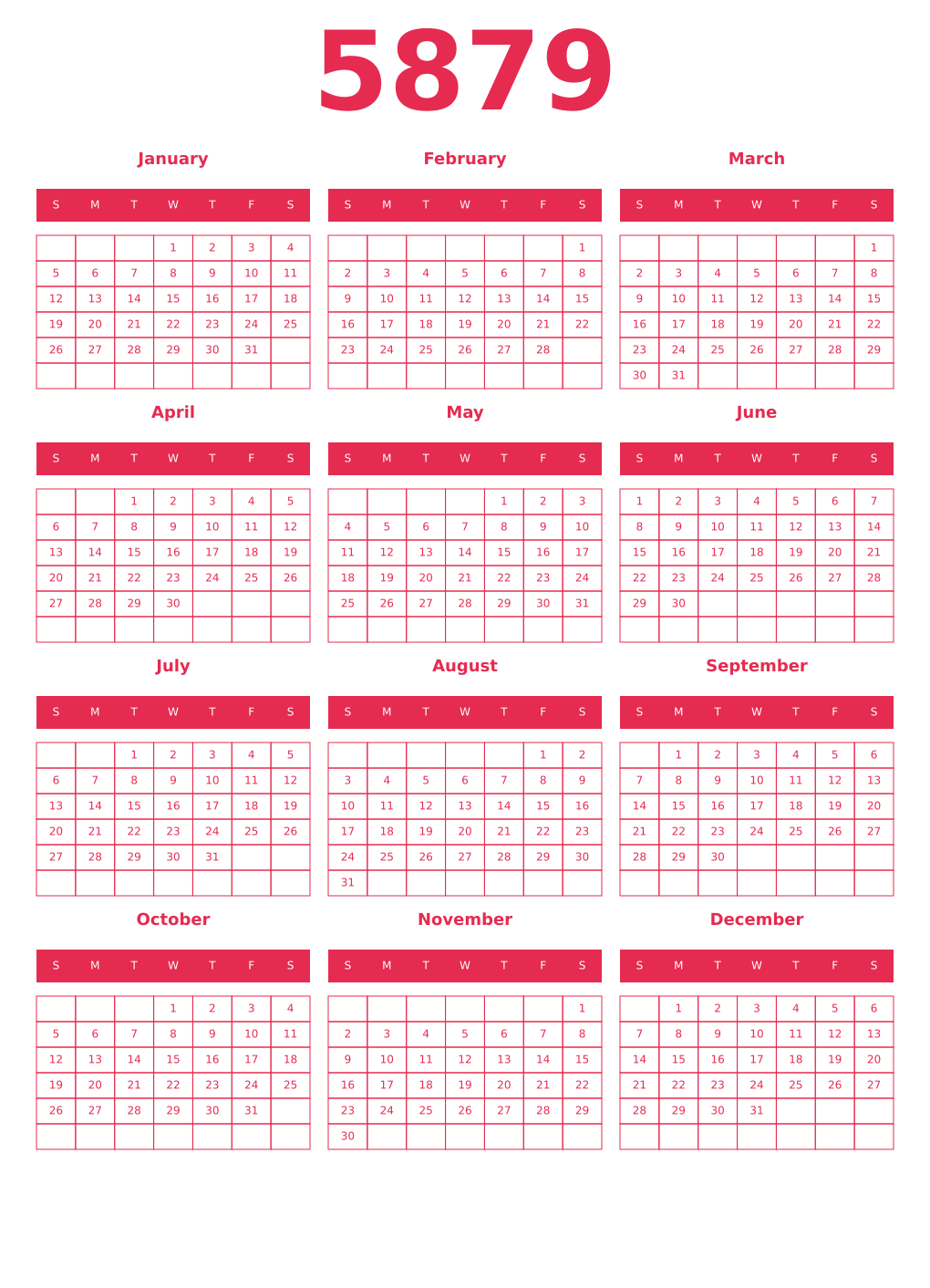 Printable 5879 Year Calendars amaranth