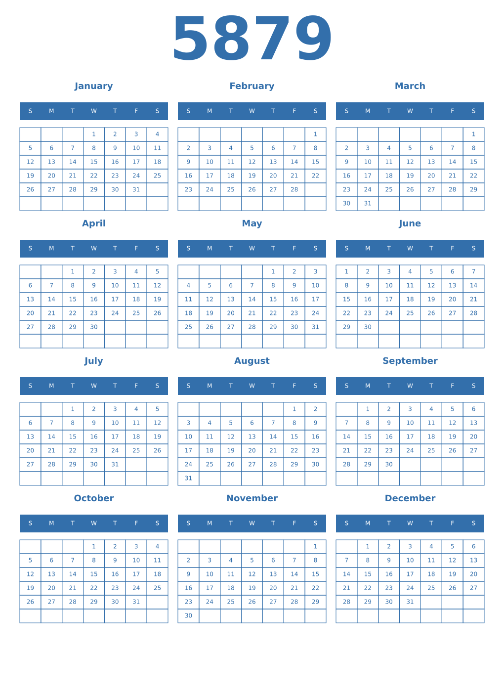 Printable 5879 Year Calendars blue