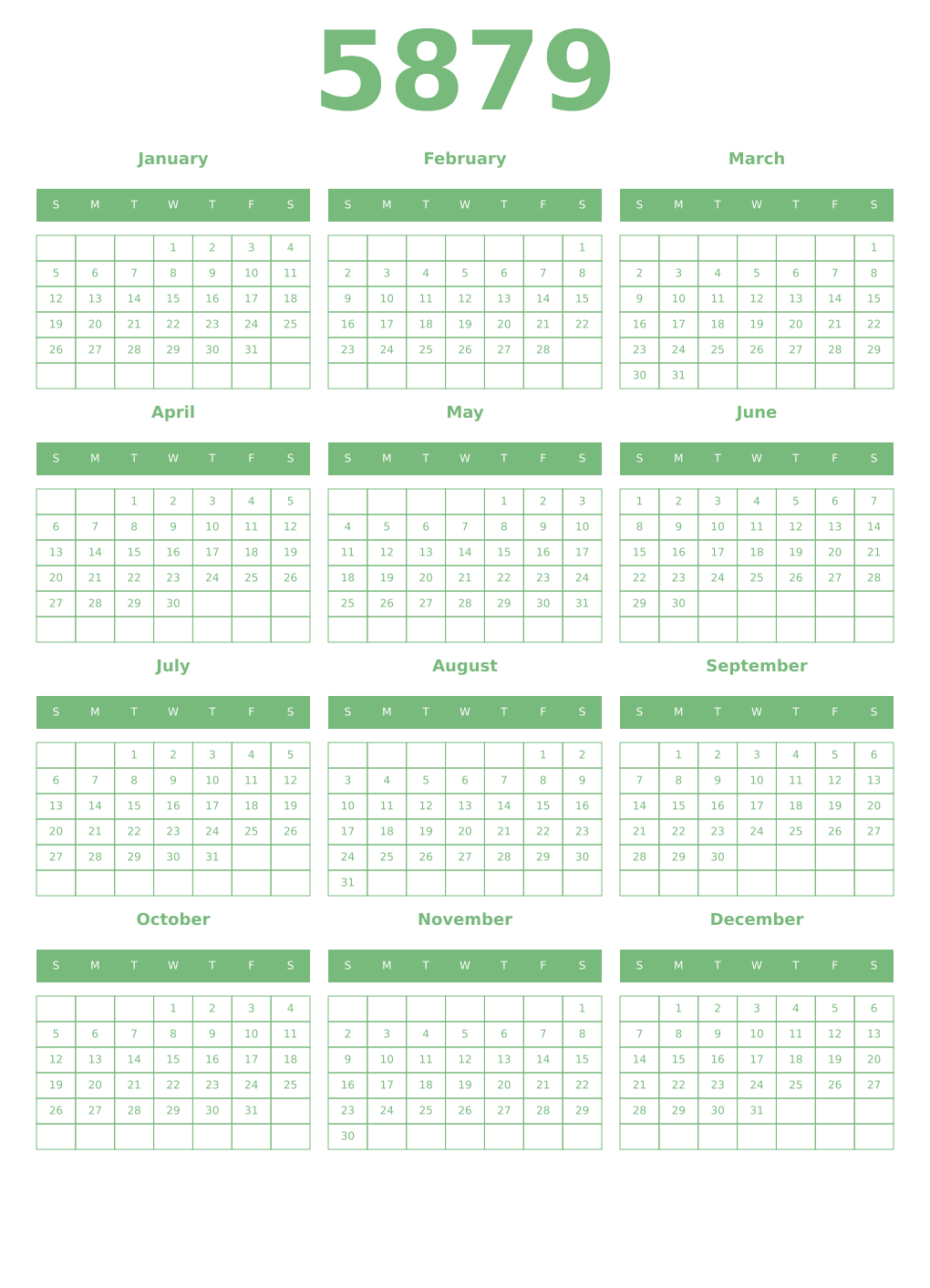 Printable 5879 Year Calendars celadon