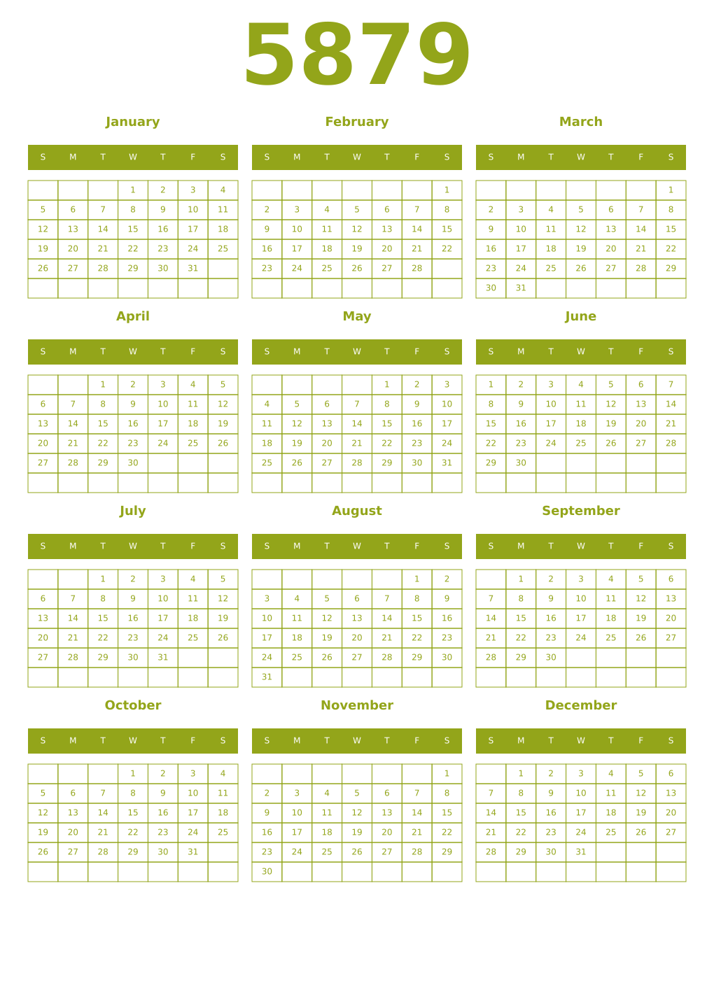 Printable 5879 Year Calendars chartreuse