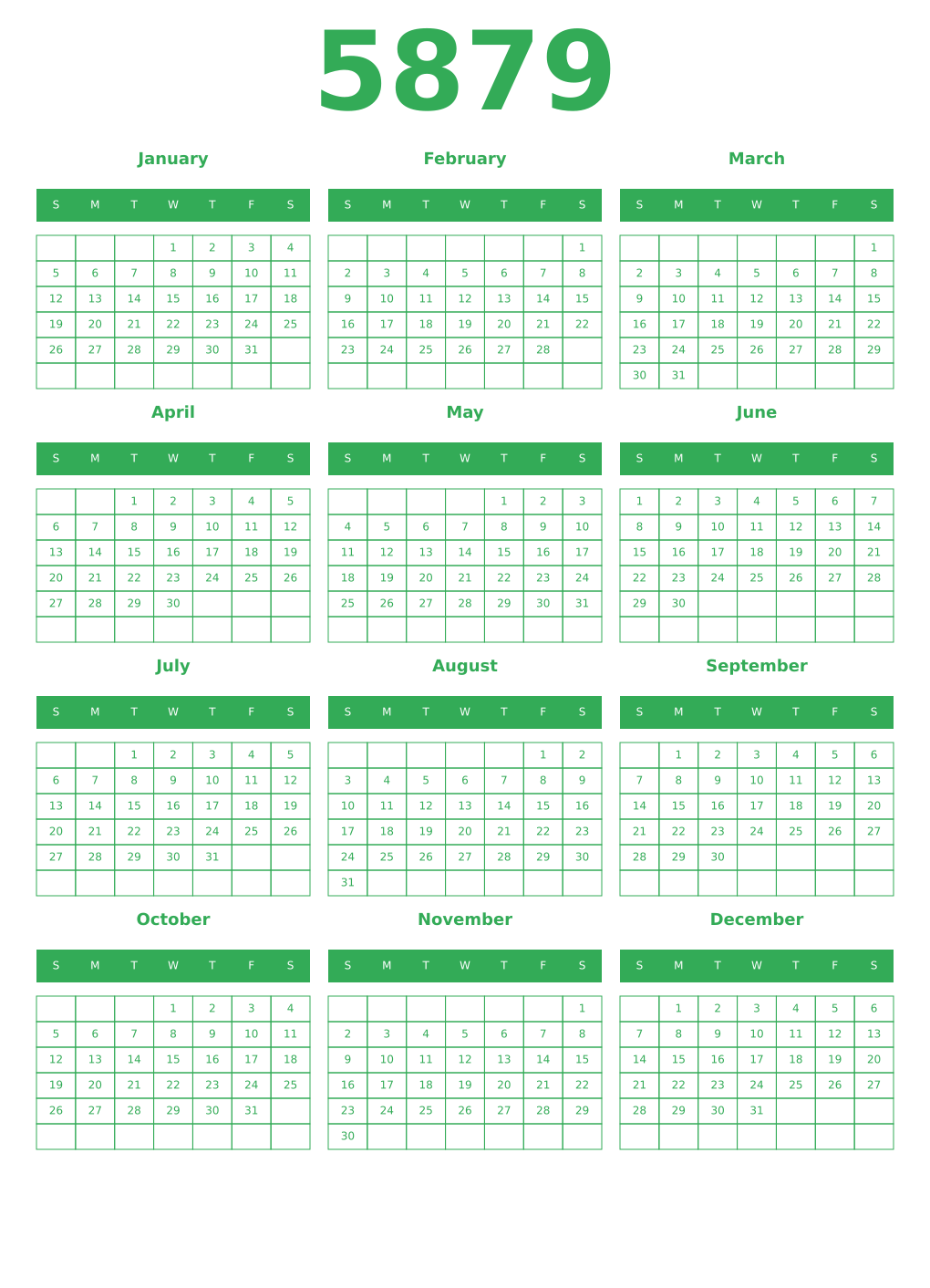 Printable 5879 Year Calendars green