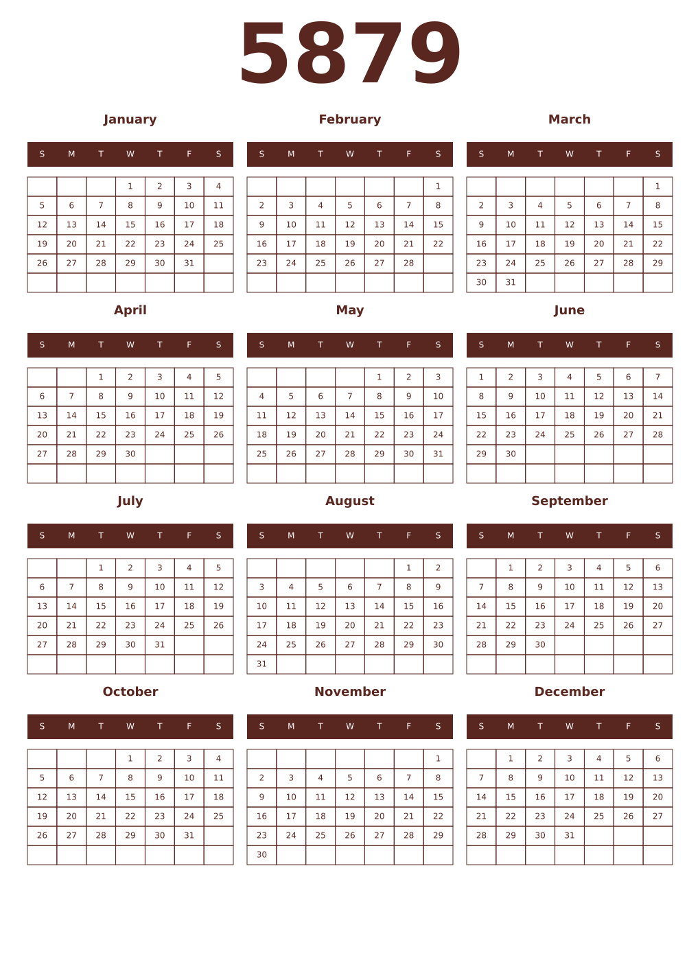 Printable 5879 Year Calendars mortuum