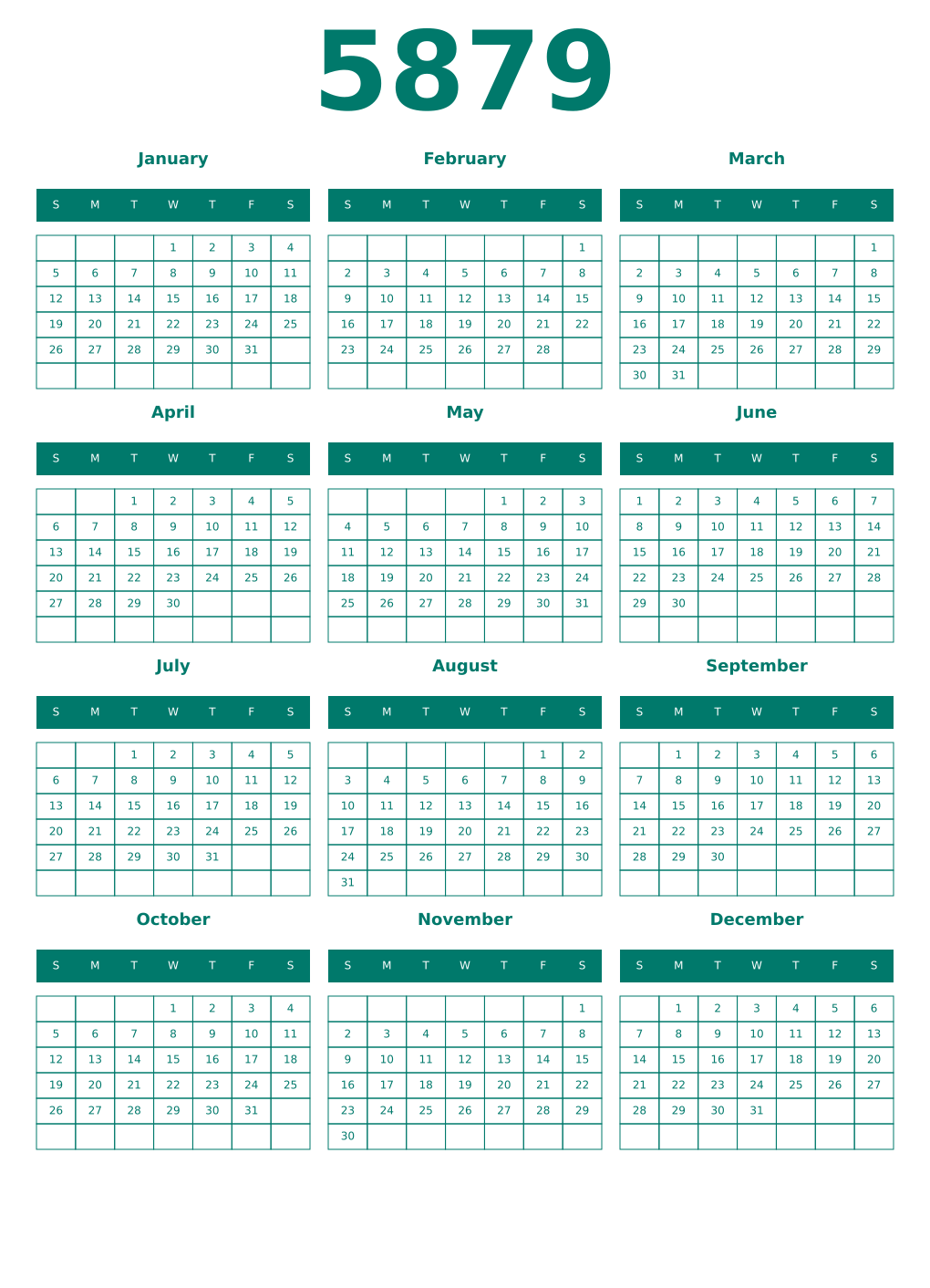Printable 5879 Year Calendars pastel