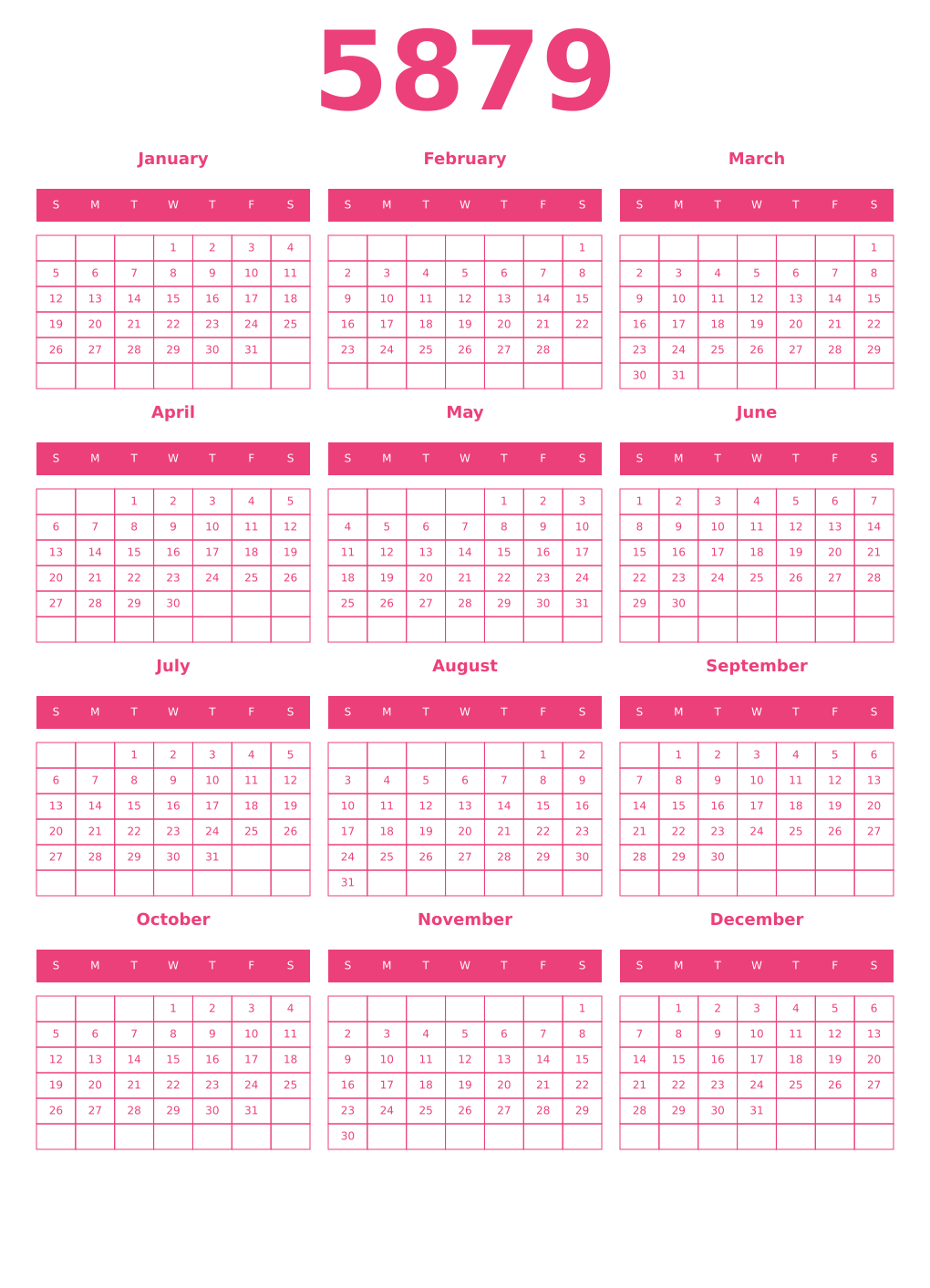 Printable 5879 Year Calendars pink