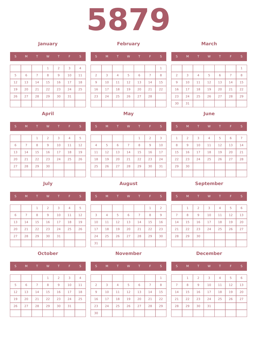 Printable 5879 Year Calendars puce