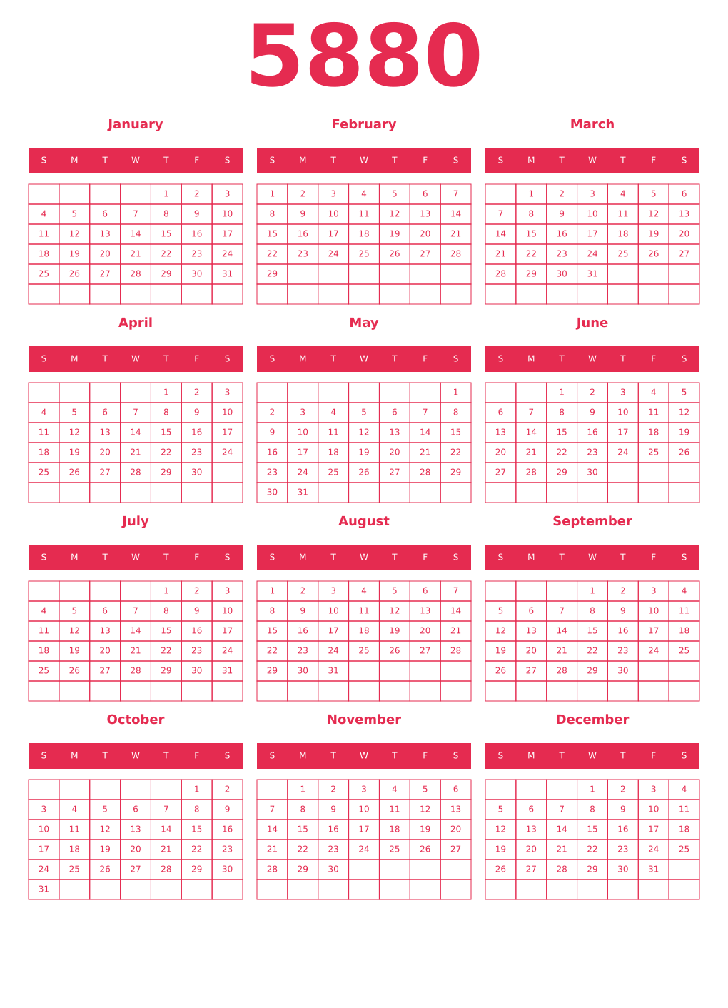 Printable 5880 Year Calendars amaranth