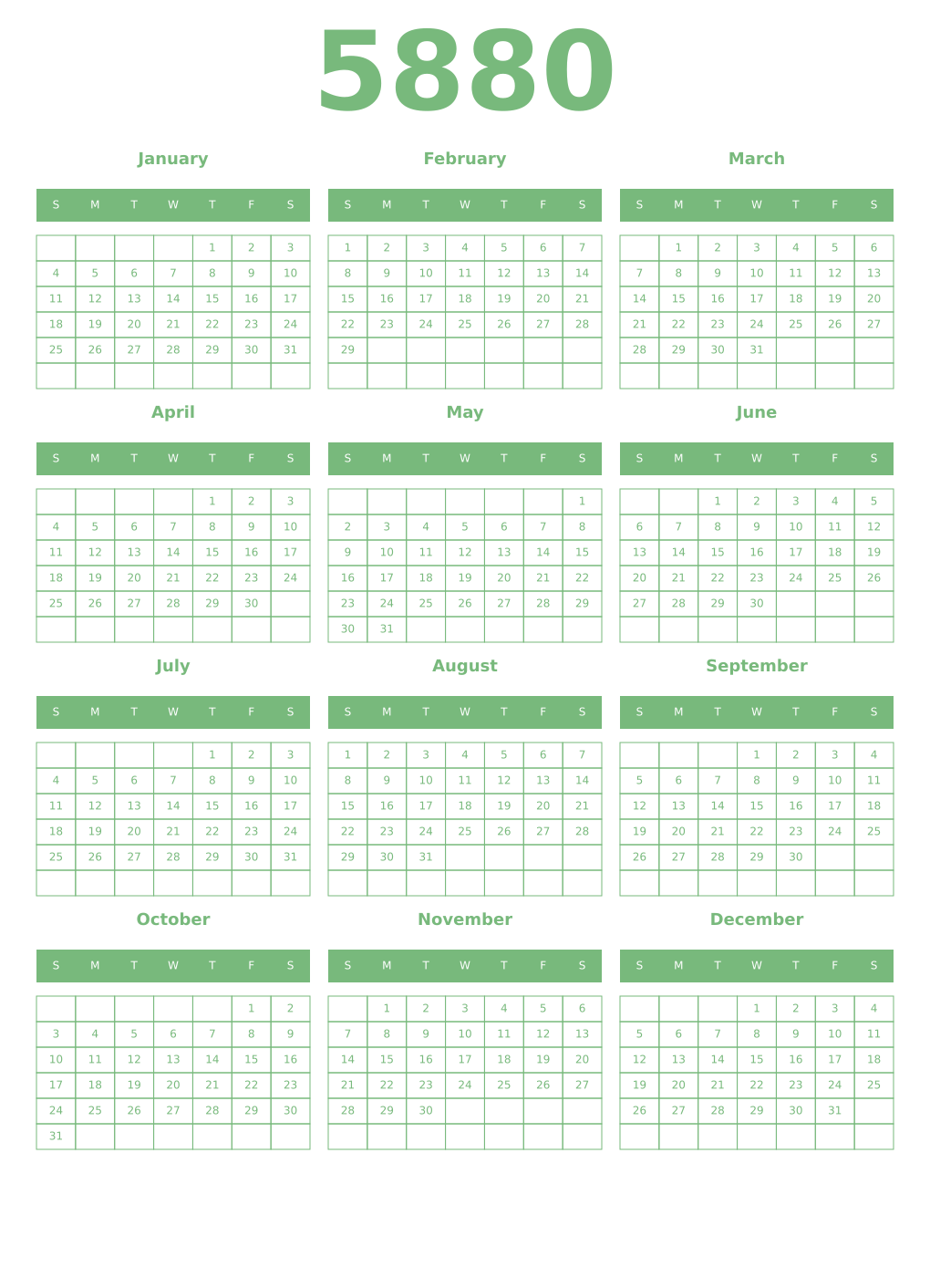 Printable 5880 Year Calendars celadon