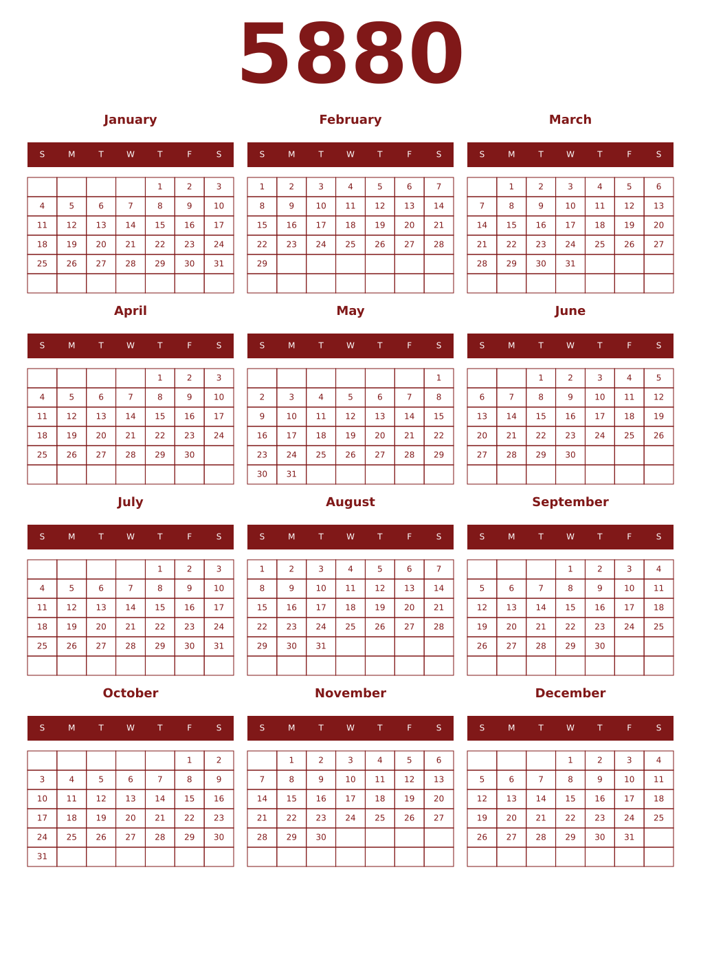 Printable 5880 Year Calendars falu