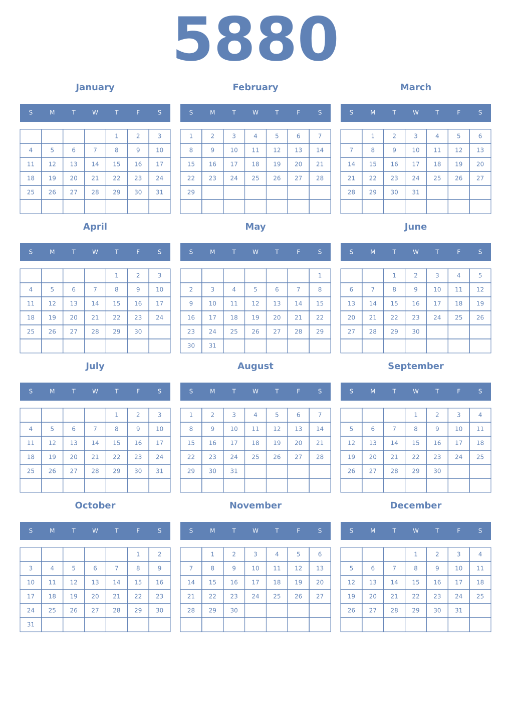 Printable 5880 Year Calendars glaucous