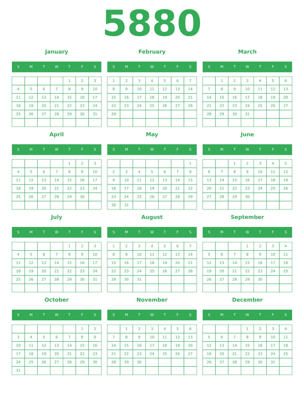 Printable 5880 Year Calendars green
