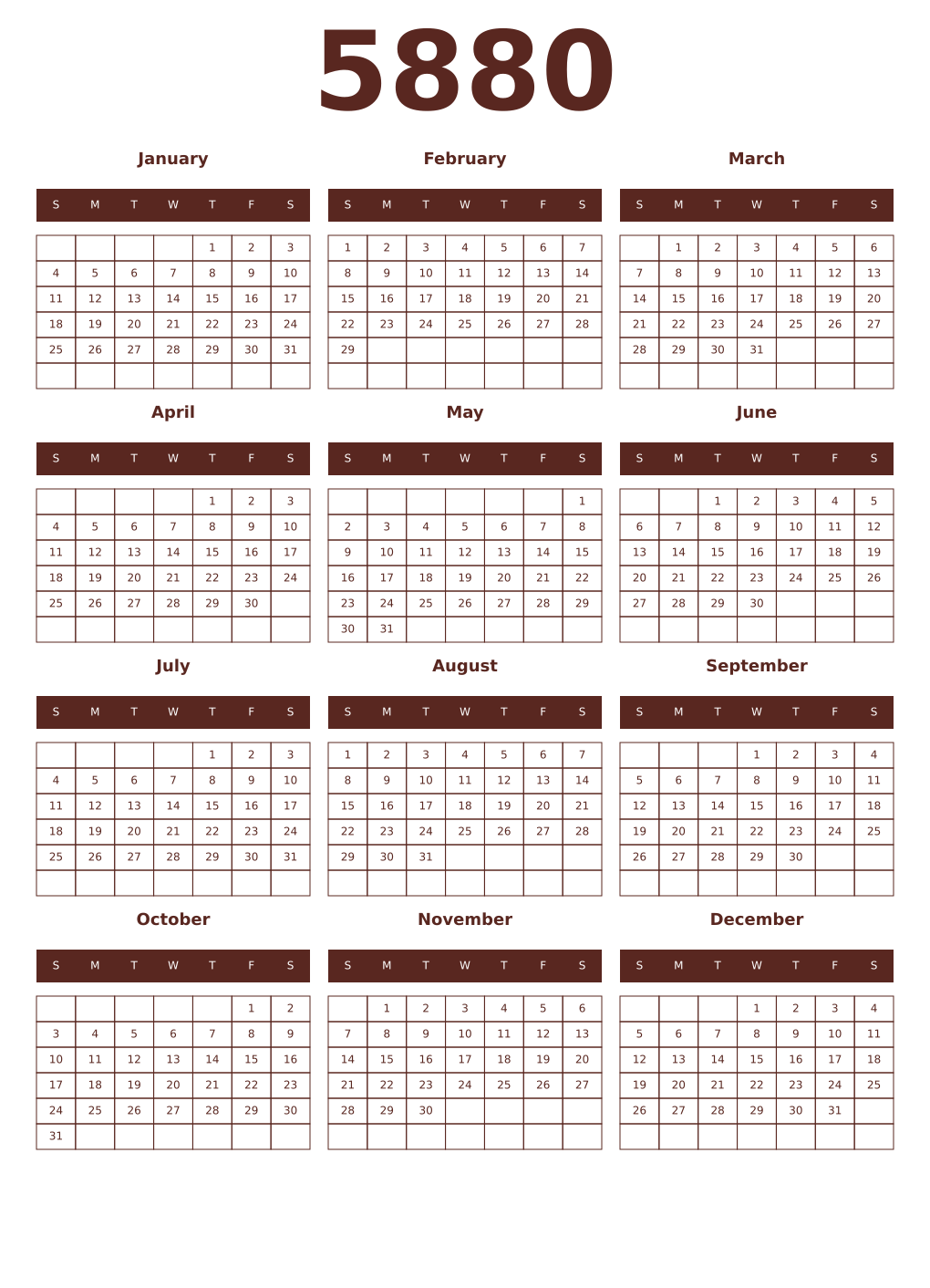 Printable 5880 Year Calendars mortuum