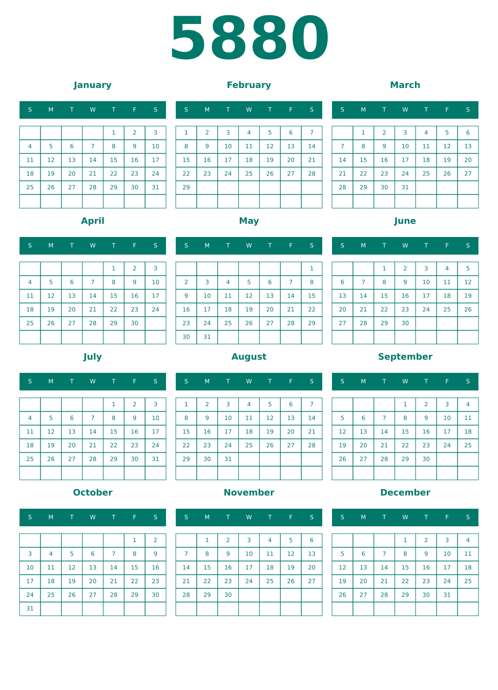 Printable 5880 Year Calendars pastel