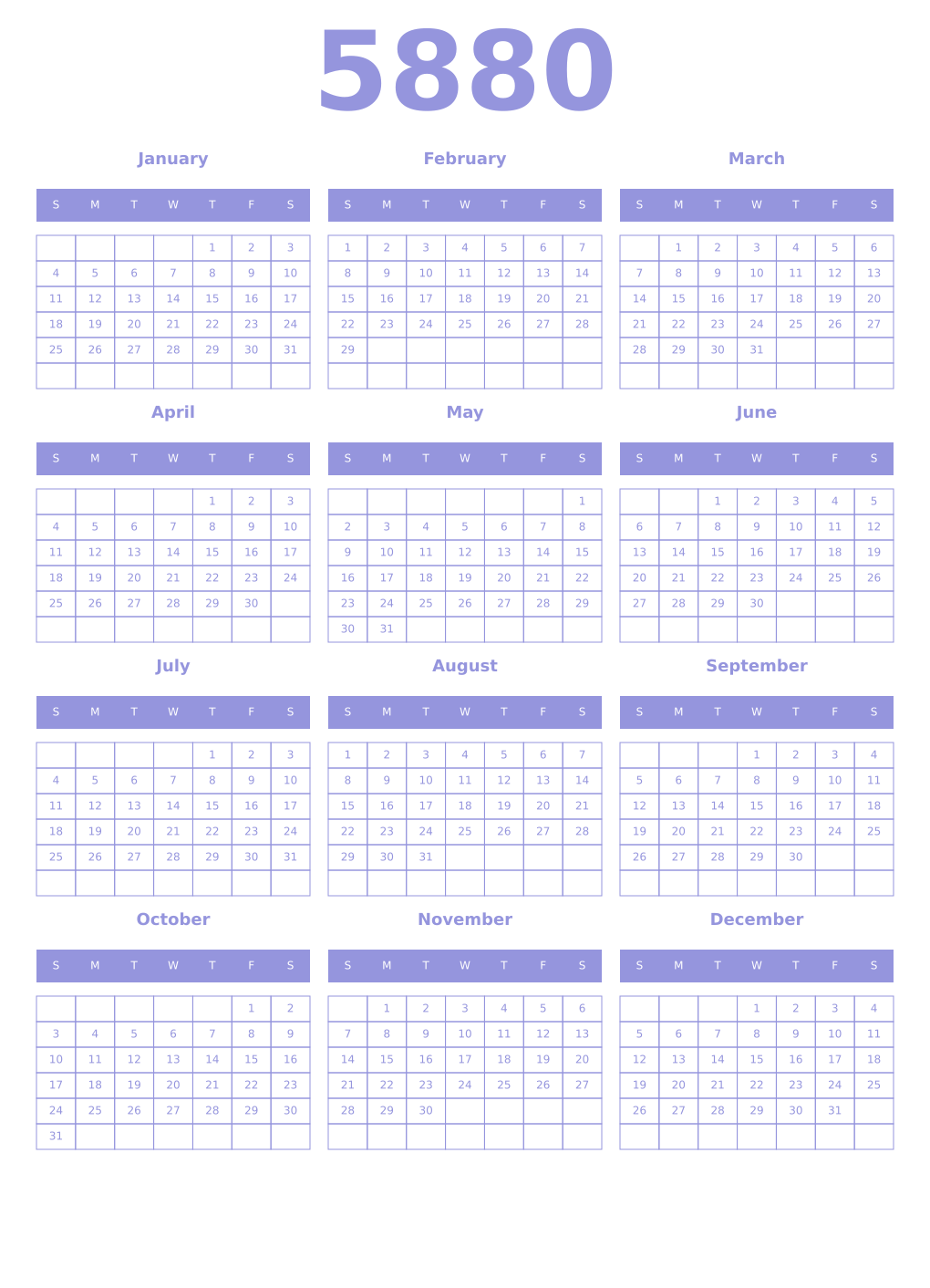 Printable 5880 Year Calendars periwinkle