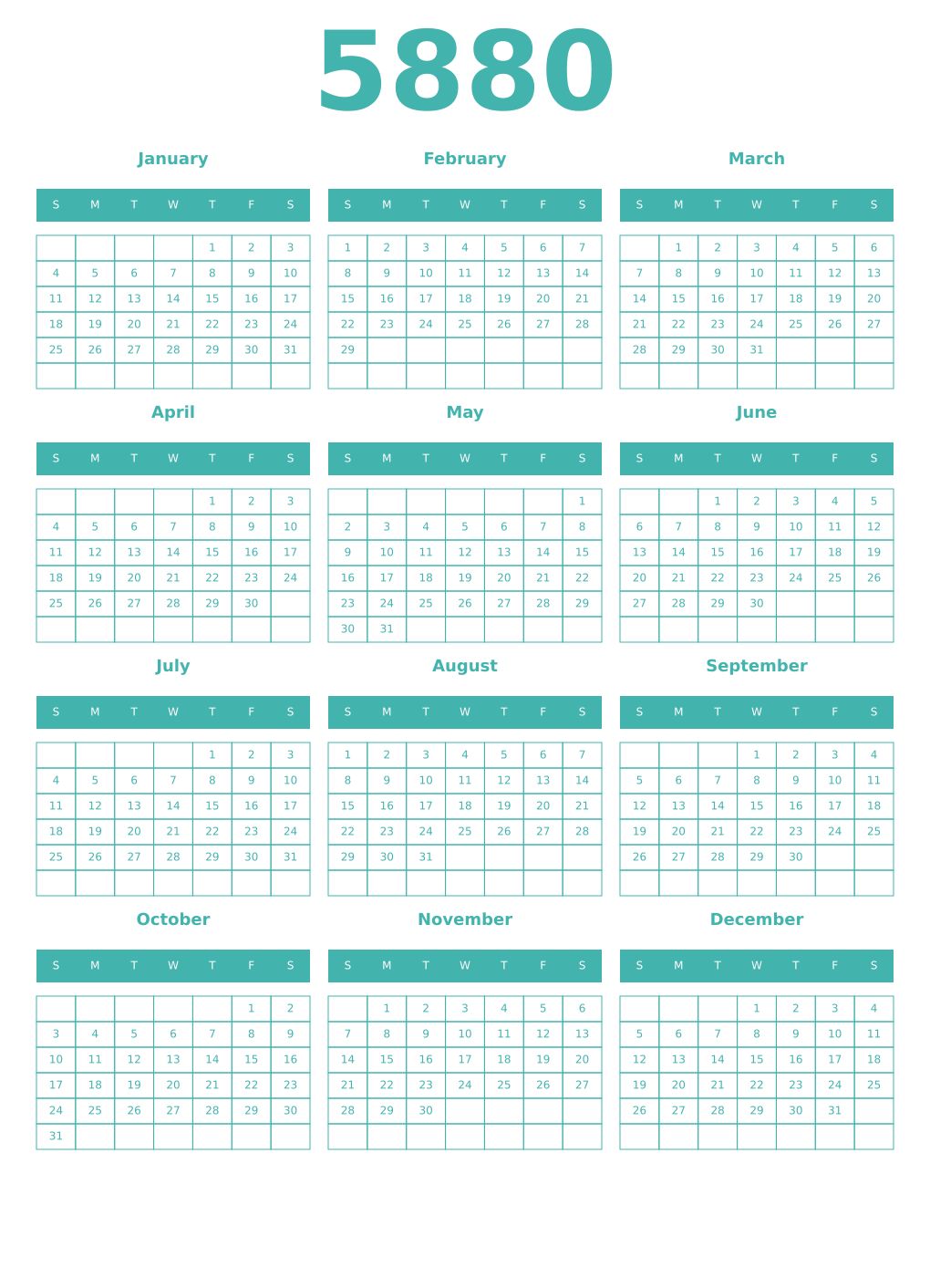 Printable 5880 Year Calendars verdigris