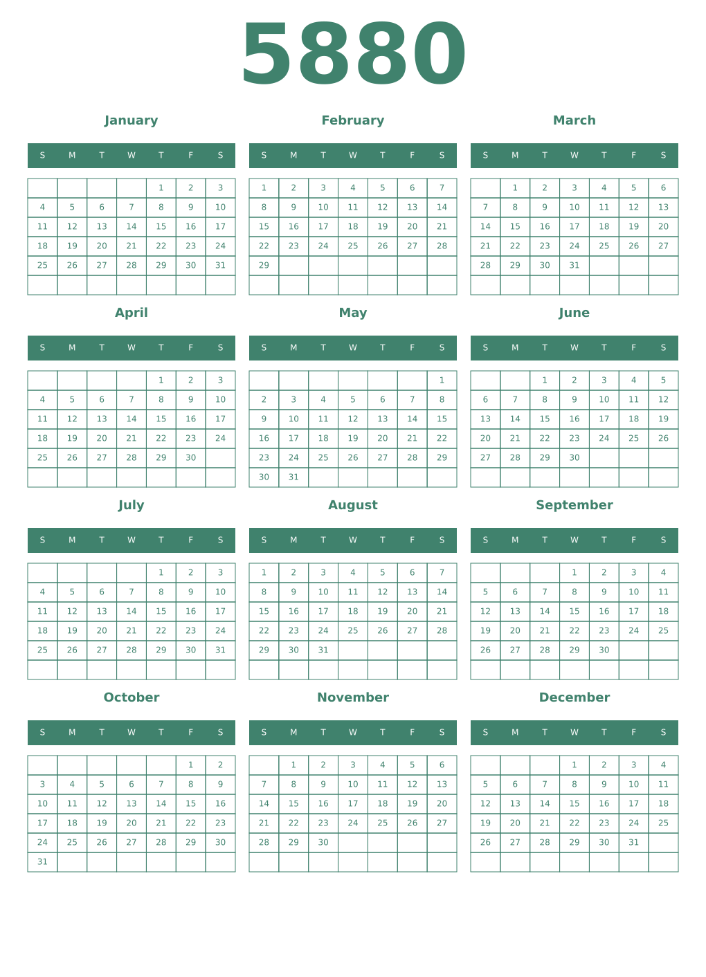 Printable 5880 Year Calendars viridian