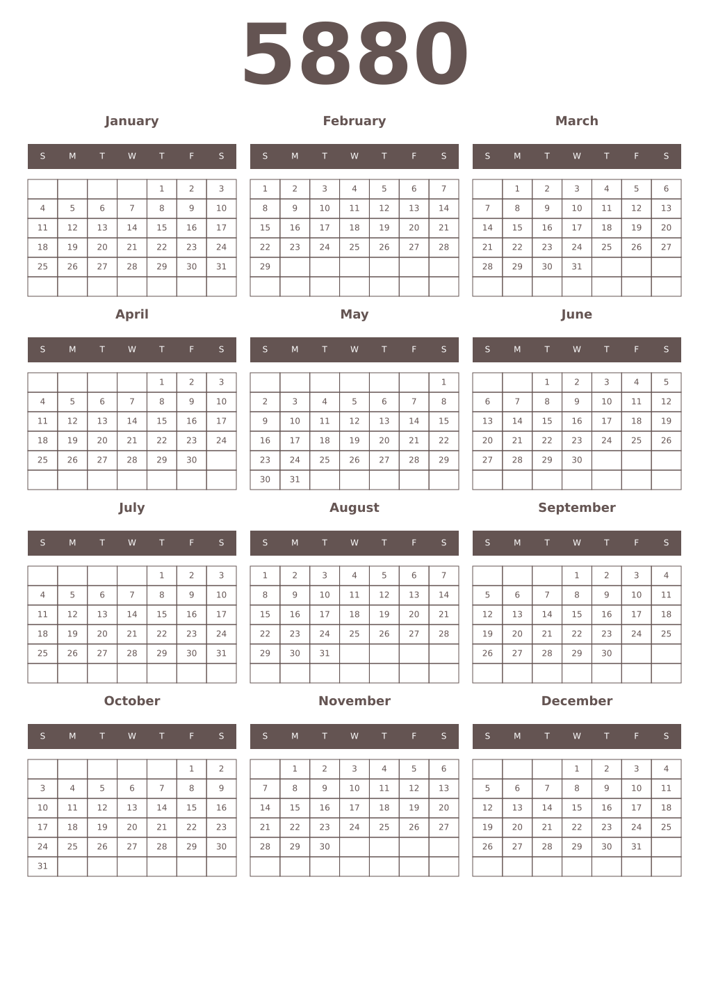 Printable 5880 Year Calendars wenge