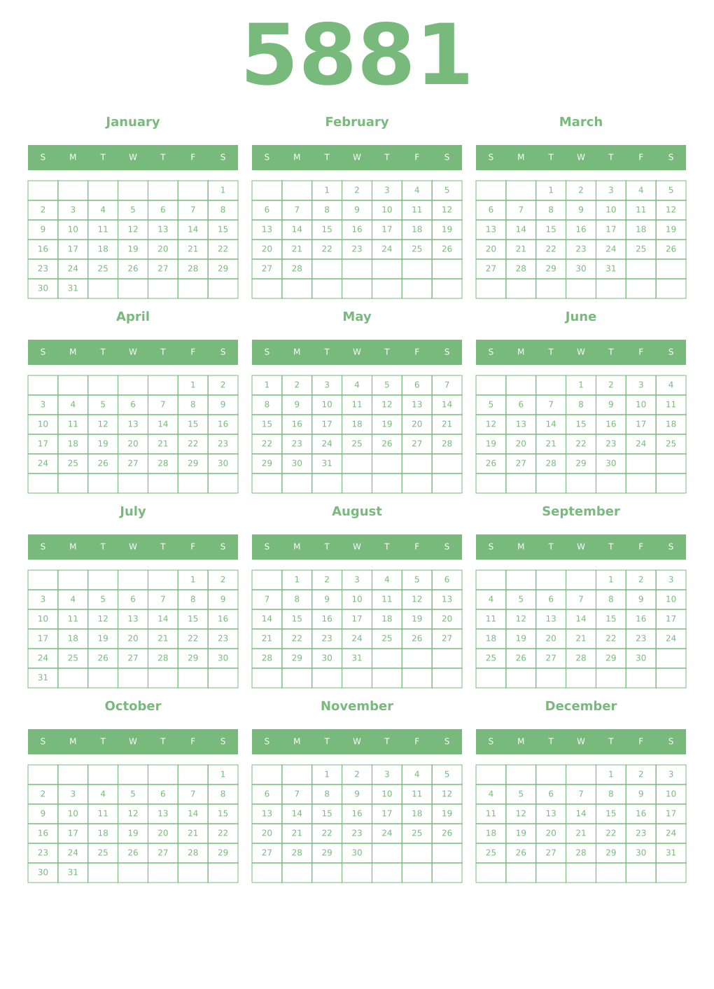 Printable 5881 Year Calendars celadon