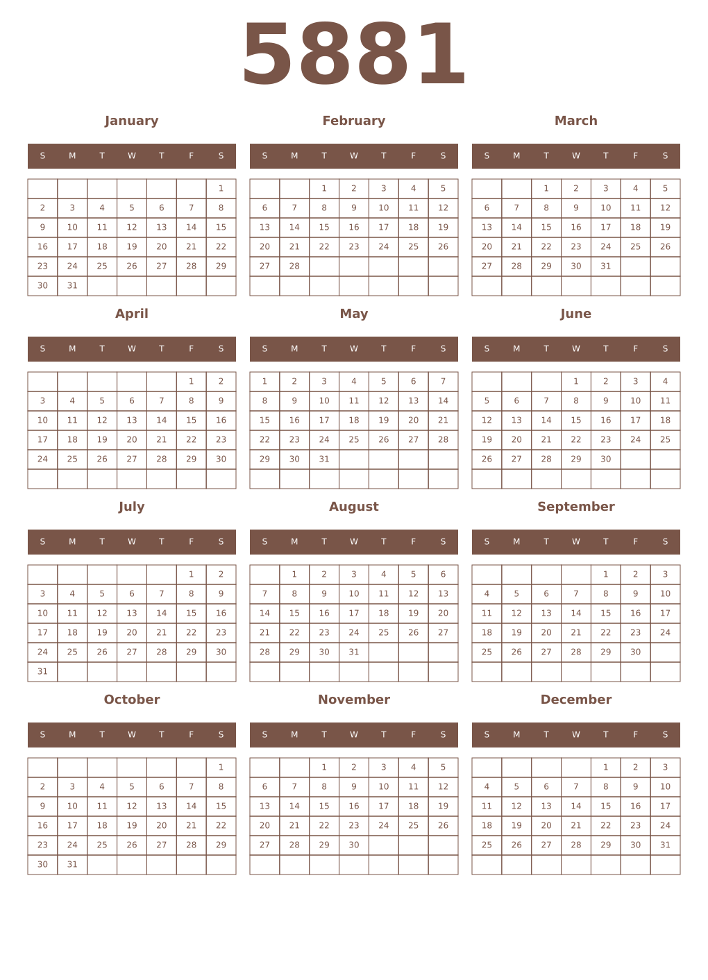 Printable 5881 Year Calendars coffe