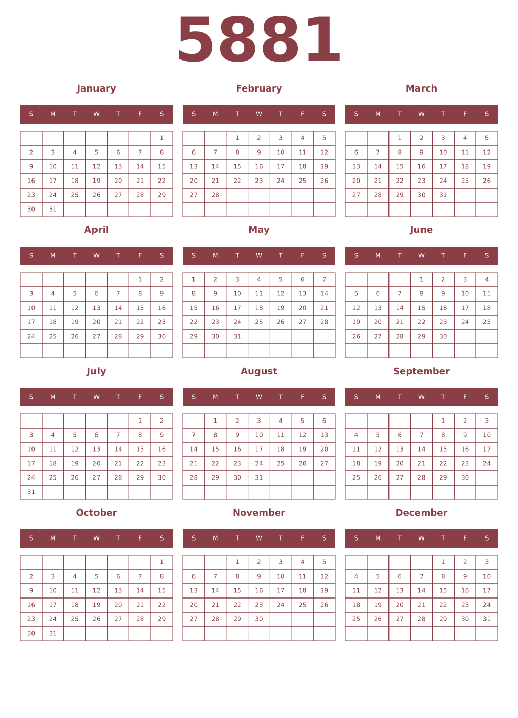 Printable 5881 Year Calendars cordovan