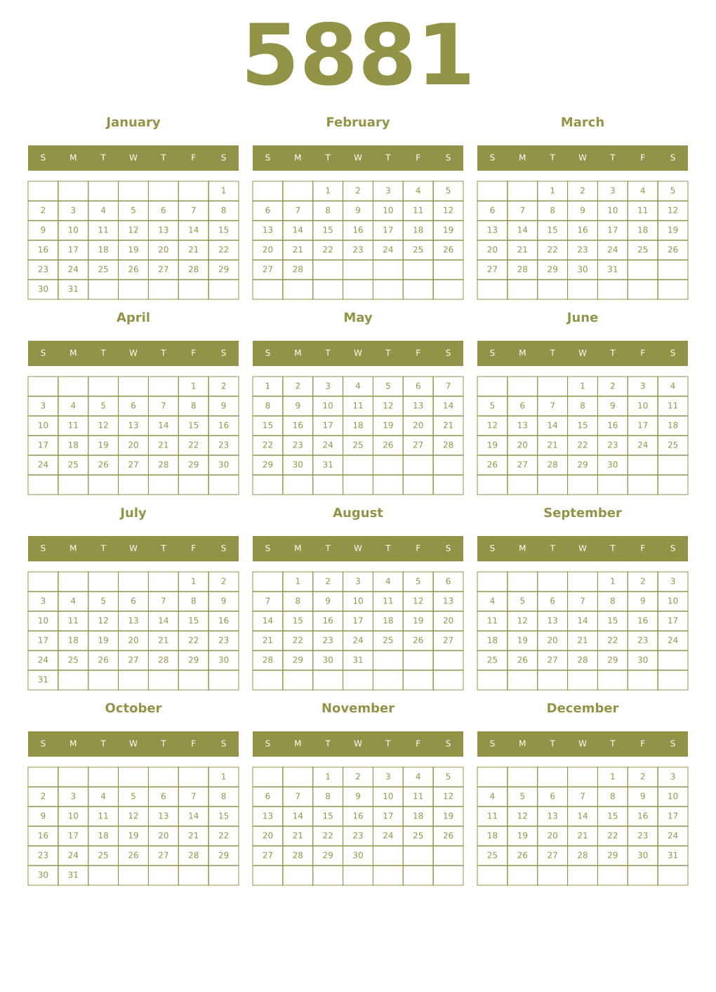 Printable 5881 Year Calendars eburnean
