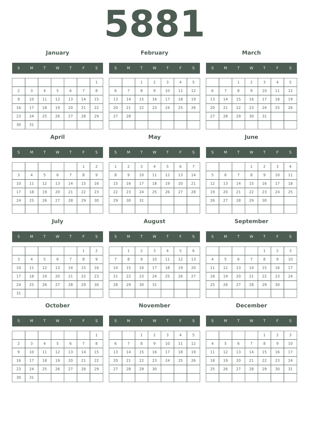 Printable 5881 Year Calendars feldgrau