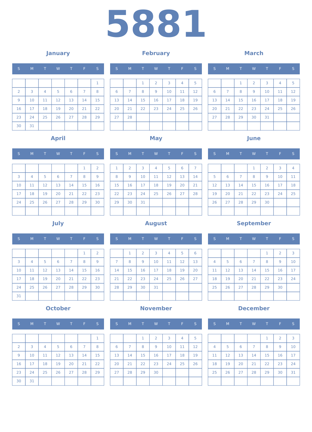 Printable 5881 Year Calendars glaucous