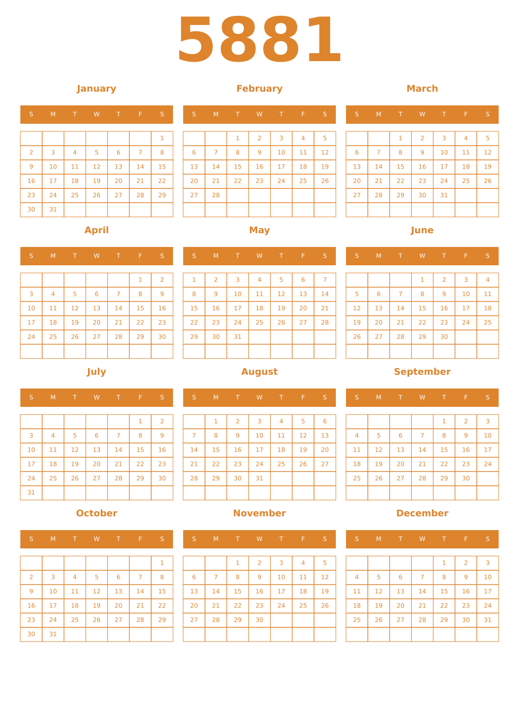 Printable 5881 Year Calendars orange