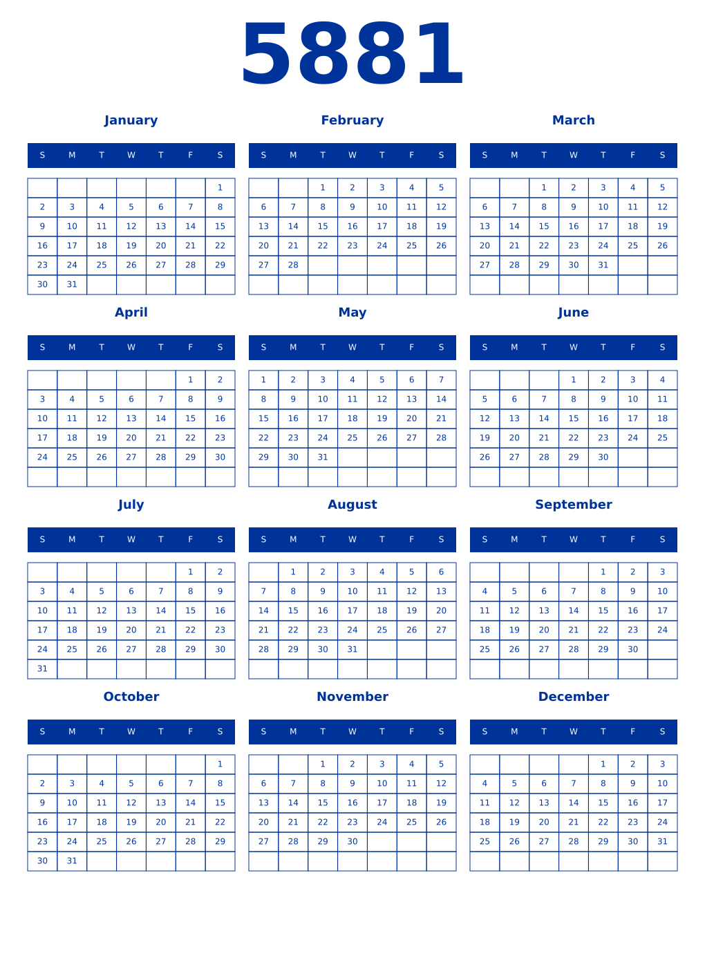 Printable 5881 Year Calendars smalt