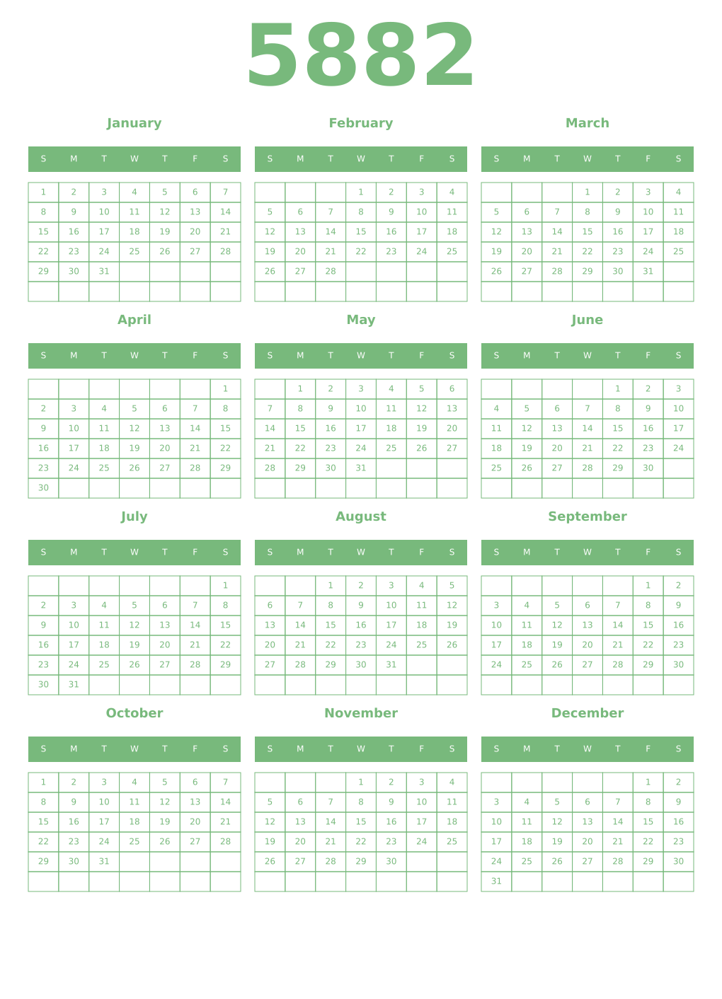 Printable 5882 Year Calendars celadon