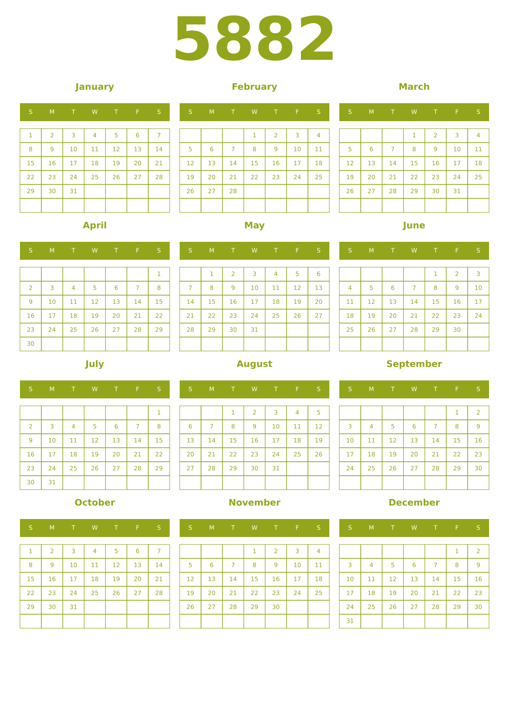 Printable 5882 Year Calendars chartreuse