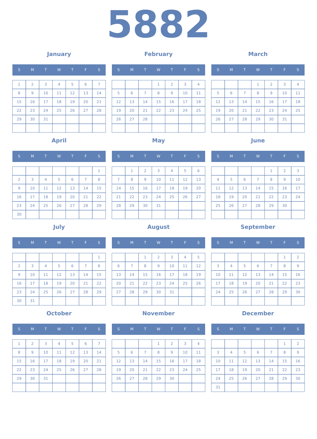 Printable 5882 Year Calendars glaucous