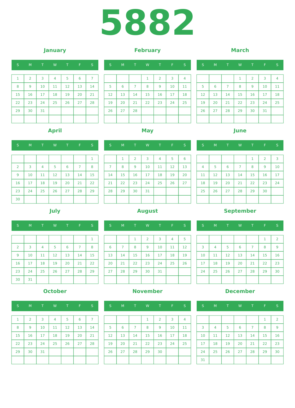 Printable 5882 Year Calendars green