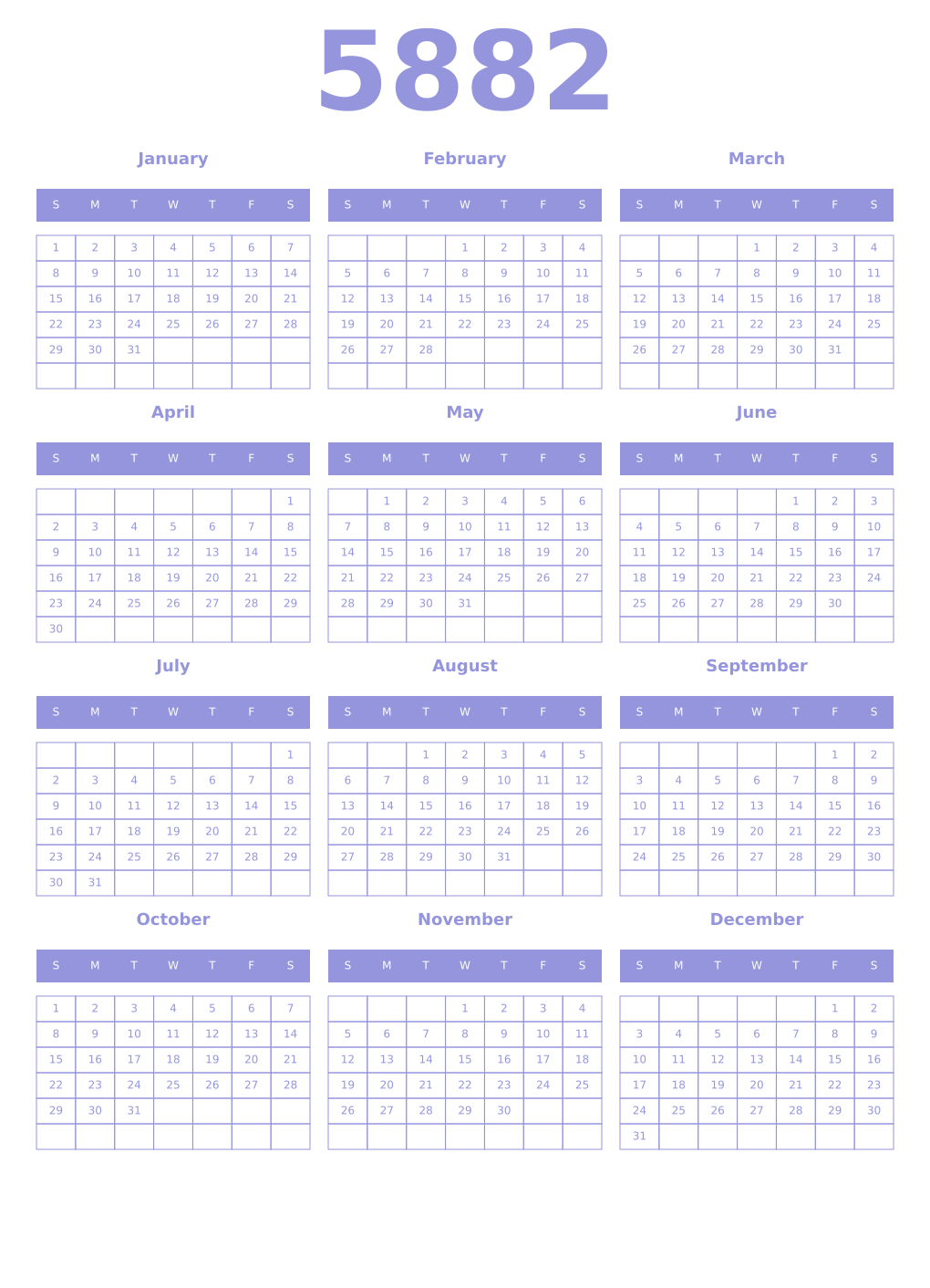 Printable 5882 Year Calendars periwinkle