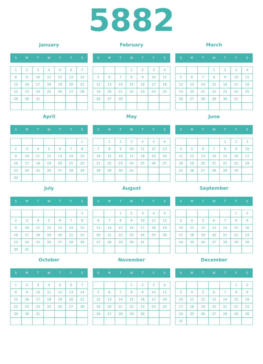 Printable 5882 Year Calendars verdigris