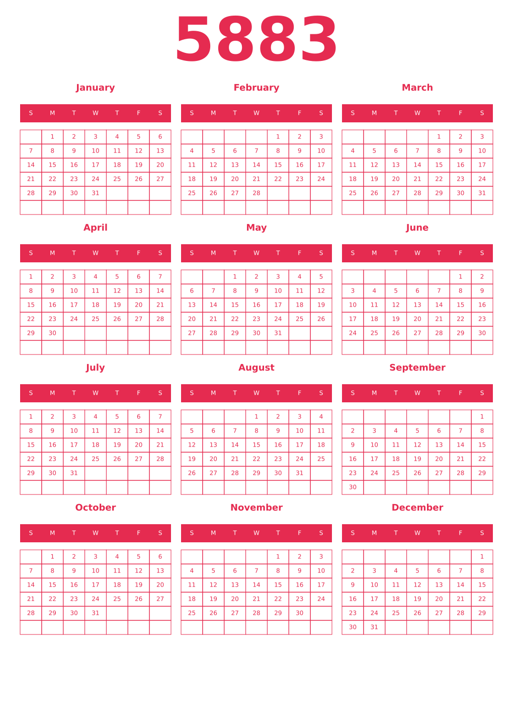 Printable 5883 Year Calendars amaranth