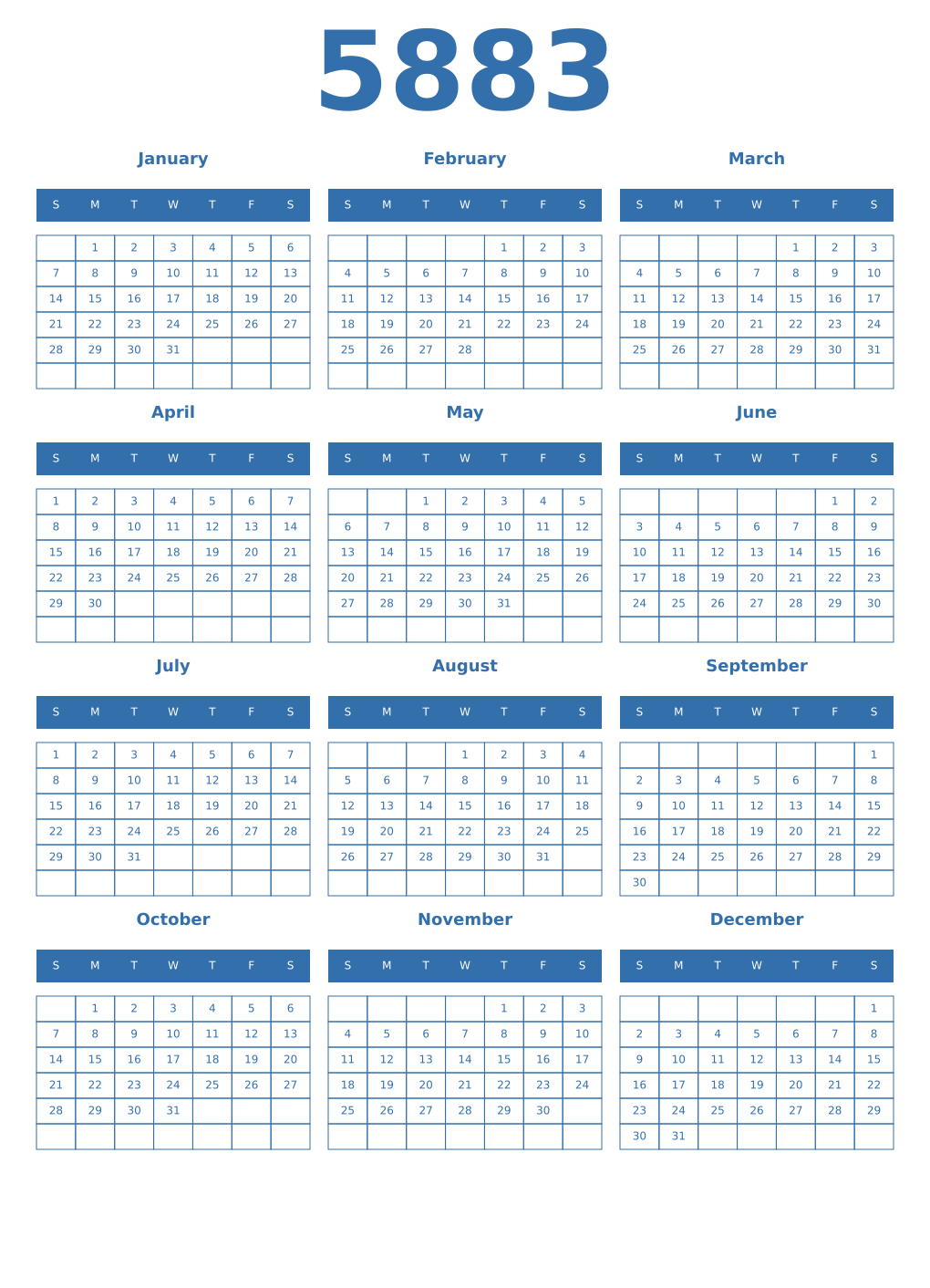 Printable 5883 Year Calendars blue
